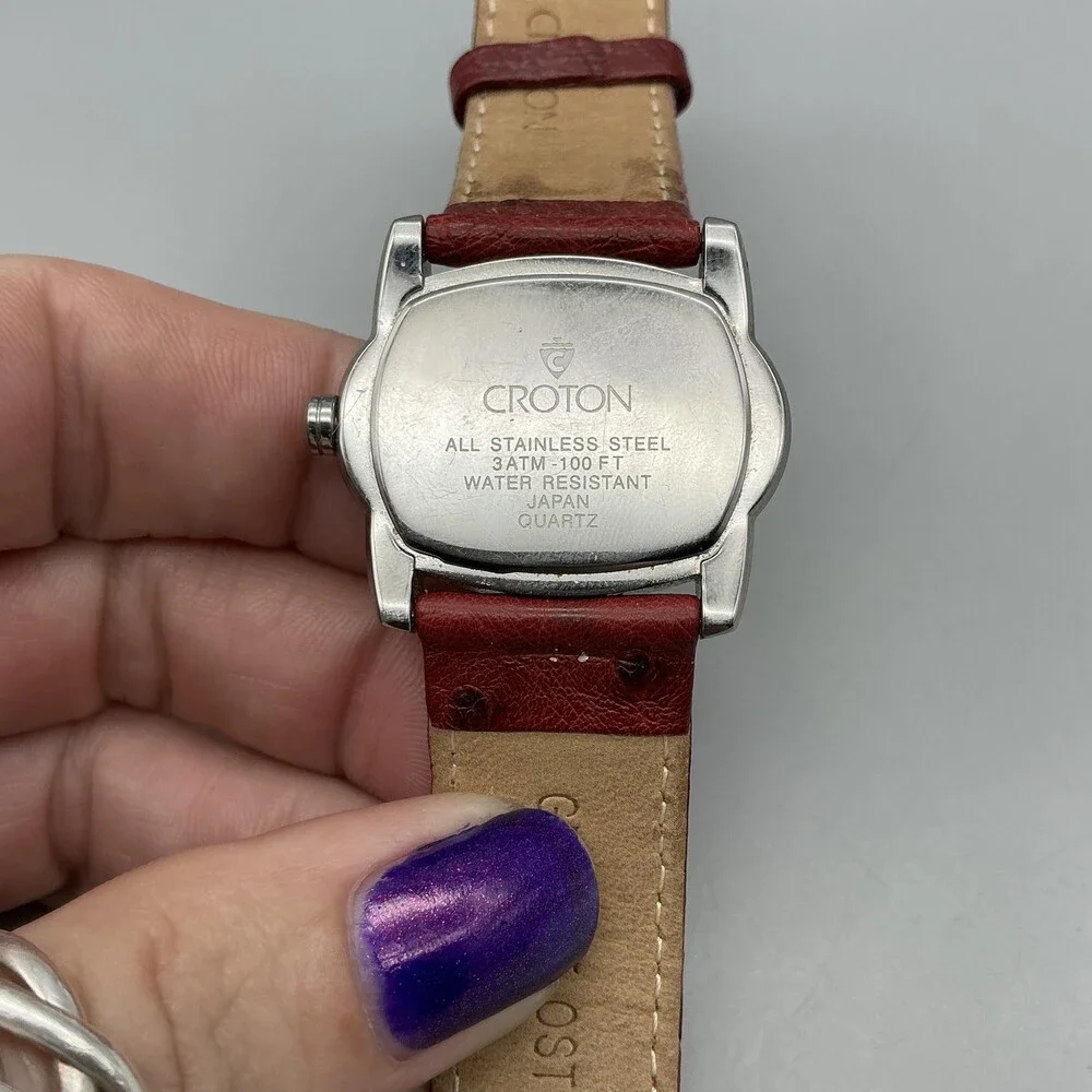 Croton Womens Watch 33mm Silver Tone Red Cushion Ostrich Leather New Battery